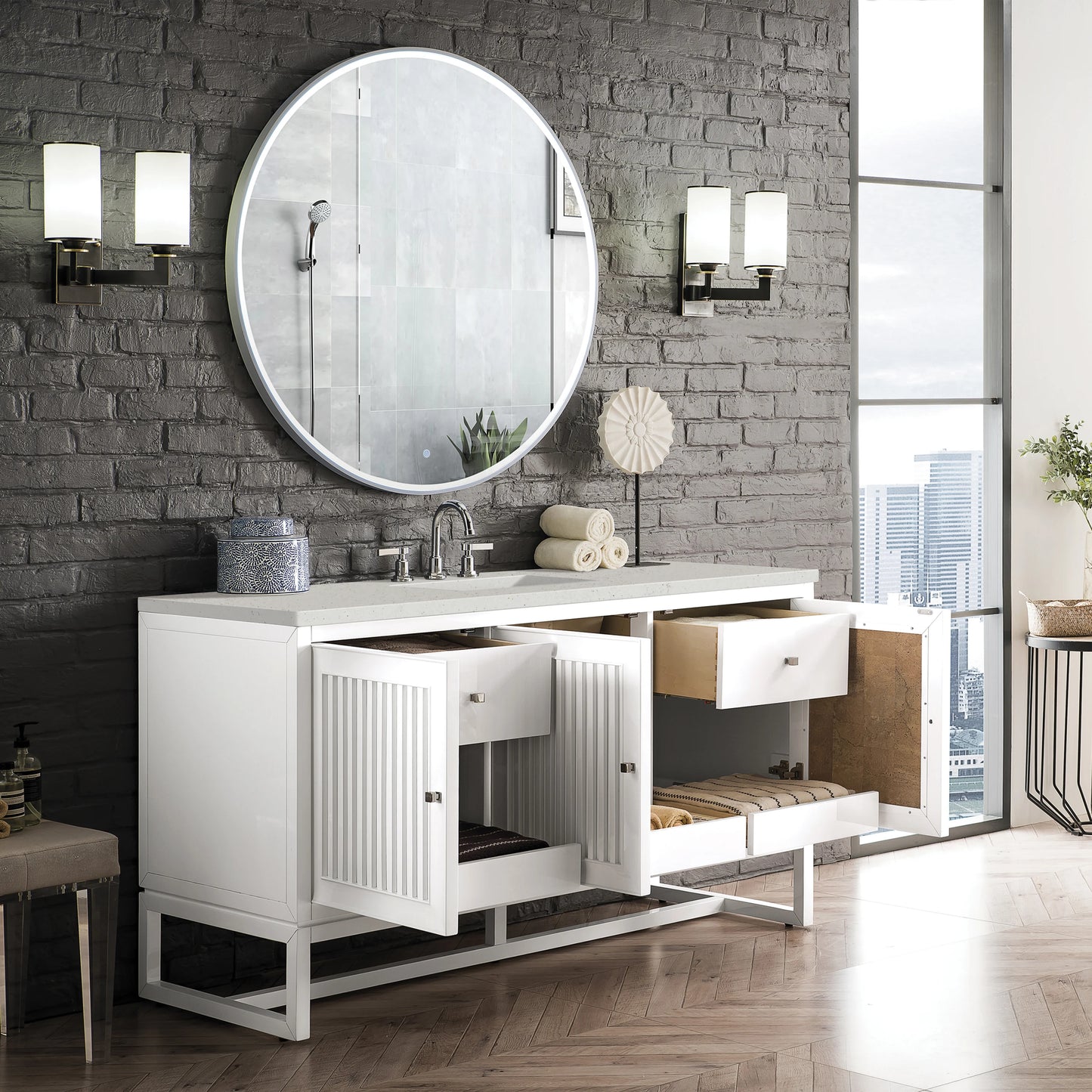 Renovate for Less Atlanta Athens 60" Single Vanity, Glossy White w/ 3 CM Lime Delight Silestone Top, view 6