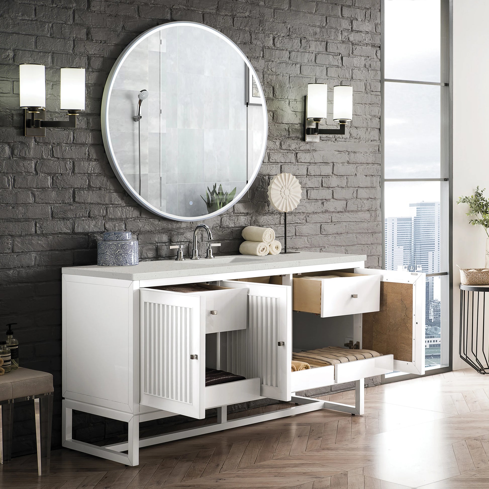 Renovate for Less Atlanta Athens 60" Single Vanity, Glossy White w/ 3 CM Lime Delight Silestone Top, view 6