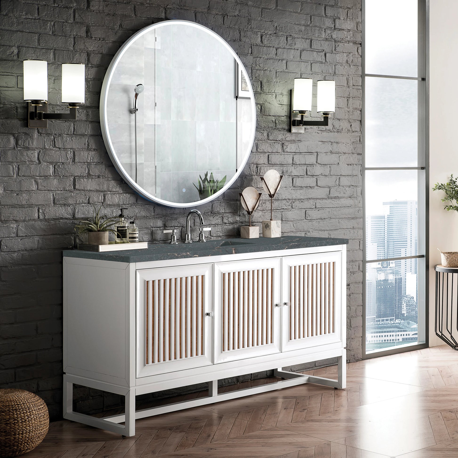 Renovate for Less Atlanta Athens 60" Single Vanity, Glossy White w/ 3 CM Parisien Bleu Silestone Top, view 4