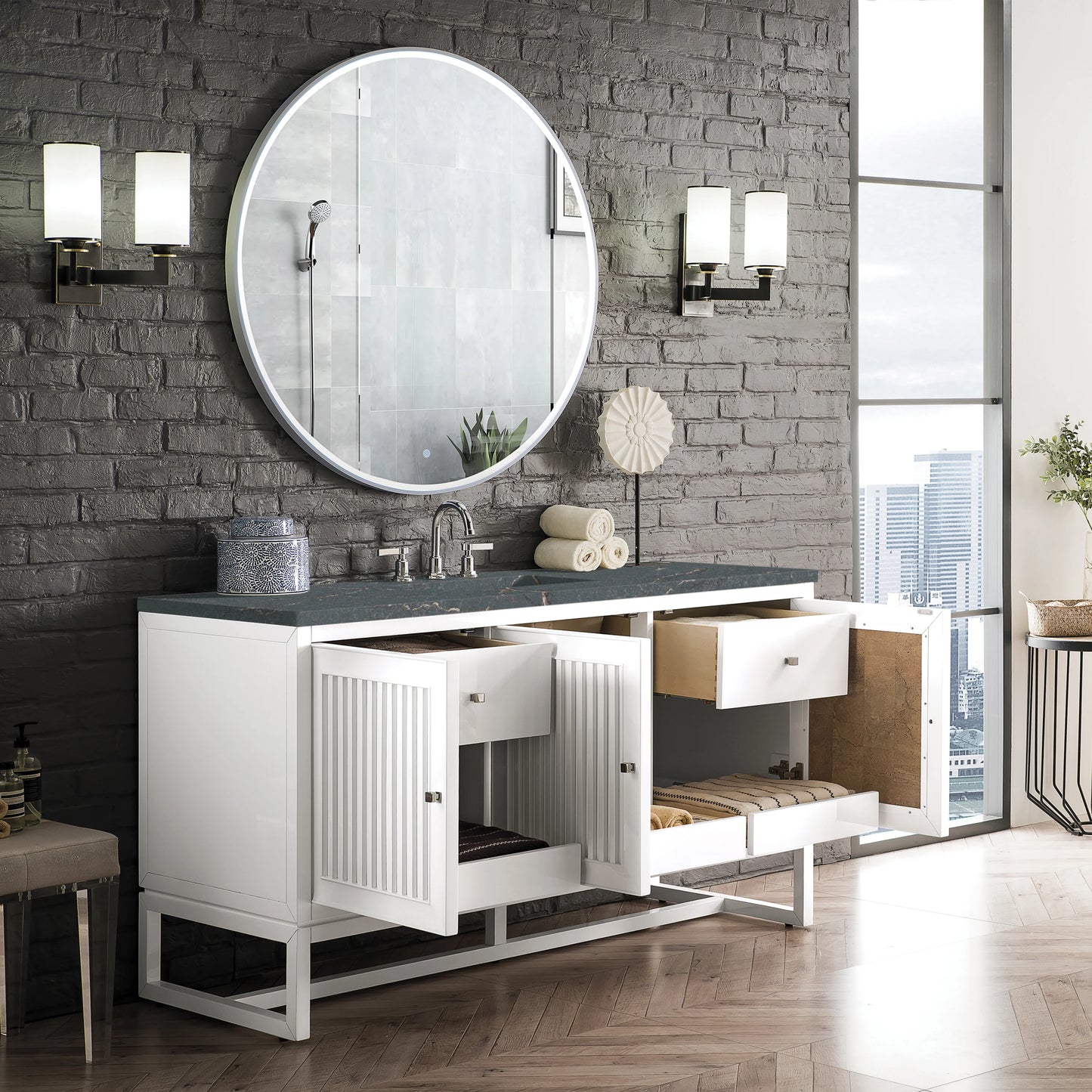 Renovate for Less Atlanta Athens 60" Single Vanity, Glossy White w/ 3 CM Parisien Bleu Silestone Top, view 6