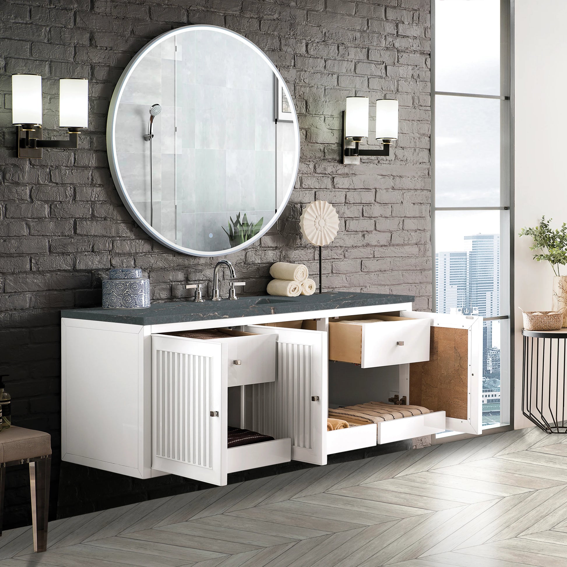 Renovate for Less Atlanta Athens 60" Single Vanity, Glossy White w/ 3 CM Parisien Bleu Silestone Top, view 7