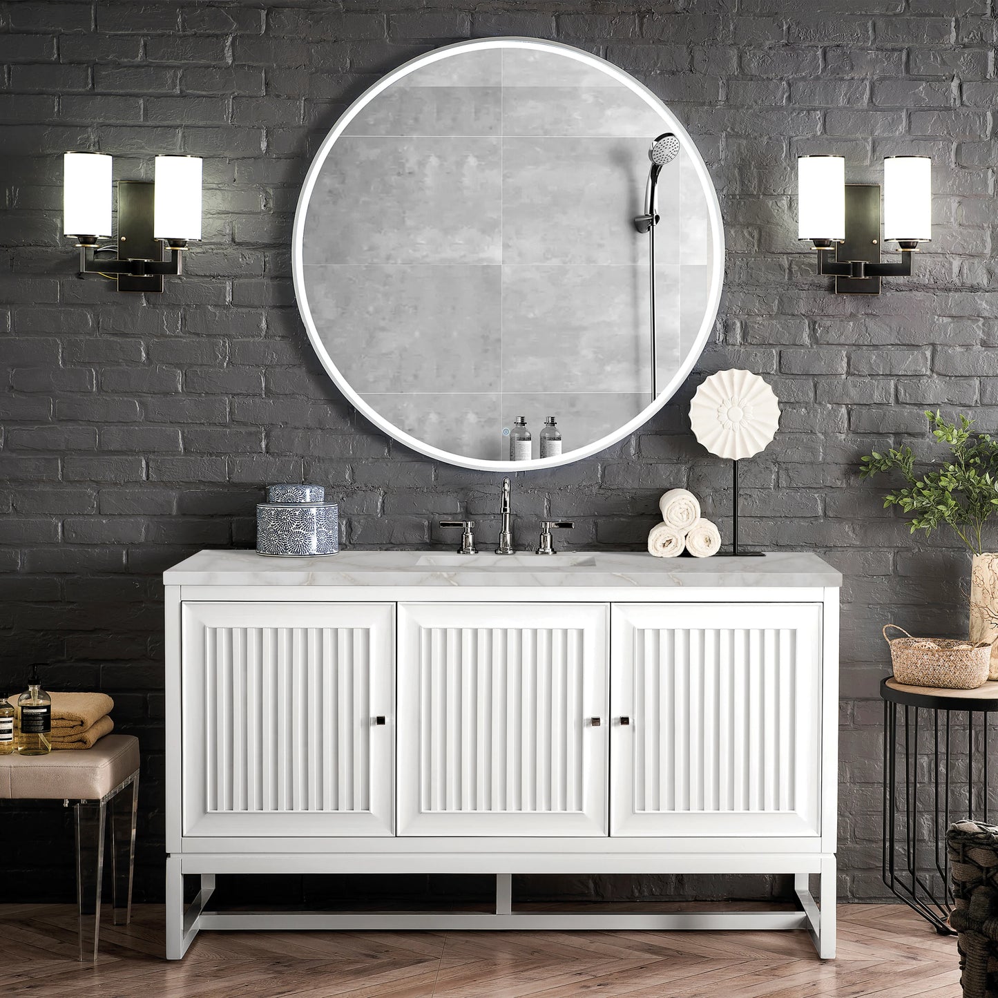 Renovate for Less Atlanta Athens 60" Single Vanity, Glossy White w/ 3 CM Victorian Silver Silestone Top, view 3