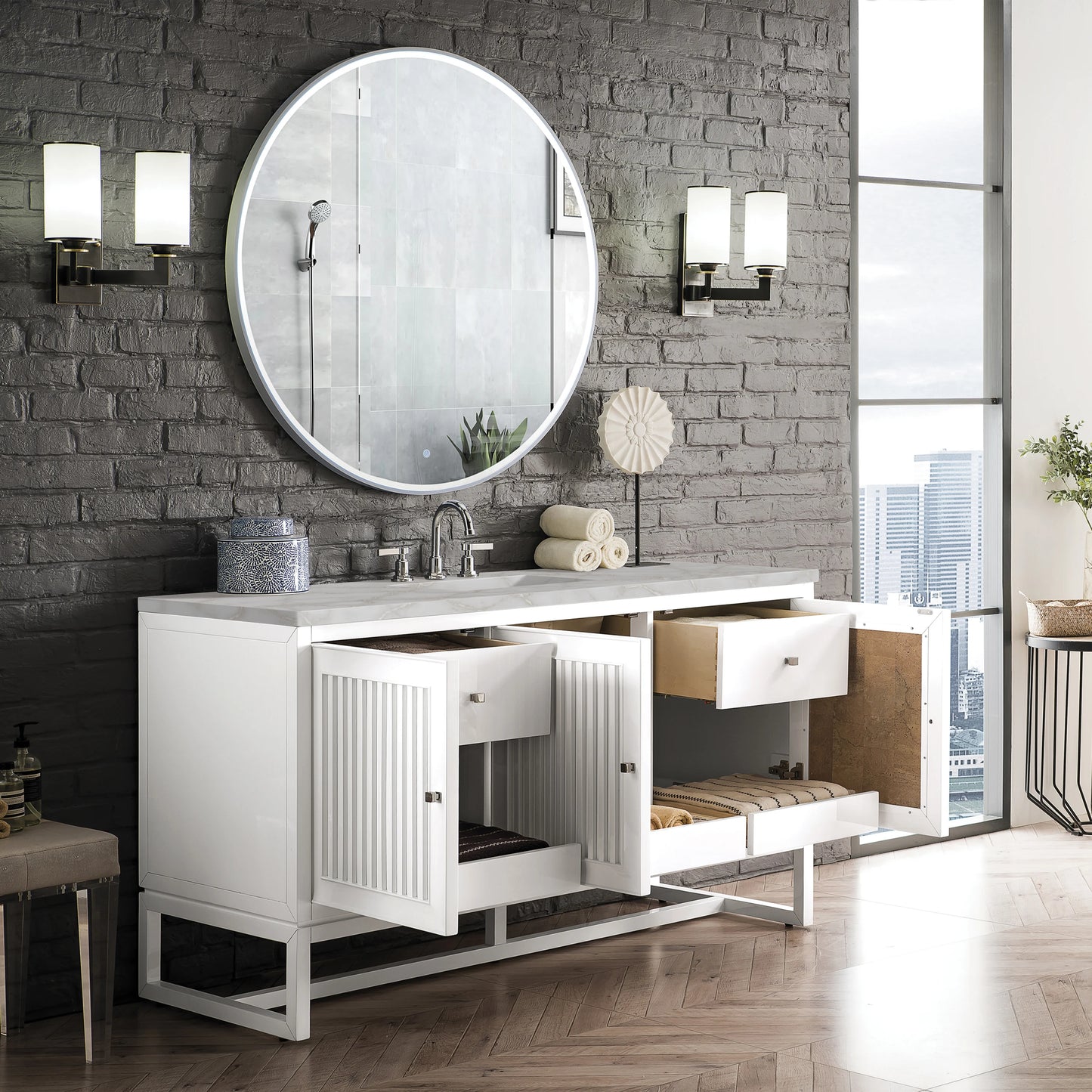 Renovate for Less Atlanta Athens 60" Single Vanity, Glossy White w/ 3 CM Victorian Silver Silestone Top, view 6