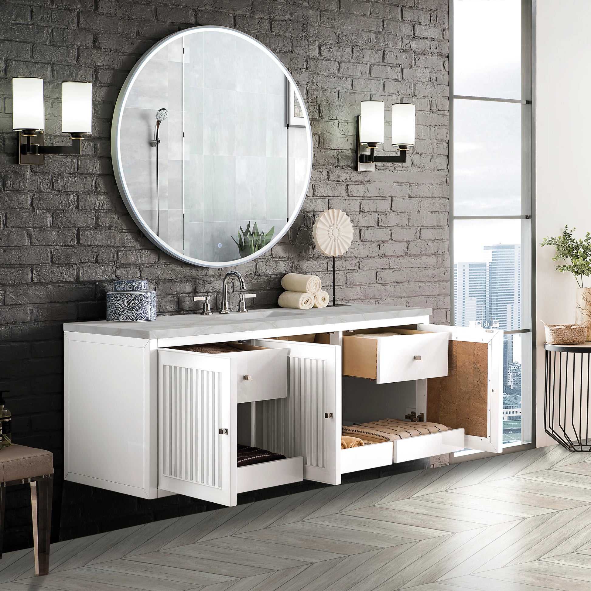 Renovate for Less Atlanta Athens 60" Single Vanity, Glossy White w/ 3 CM Victorian Silver Silestone Top, view 7