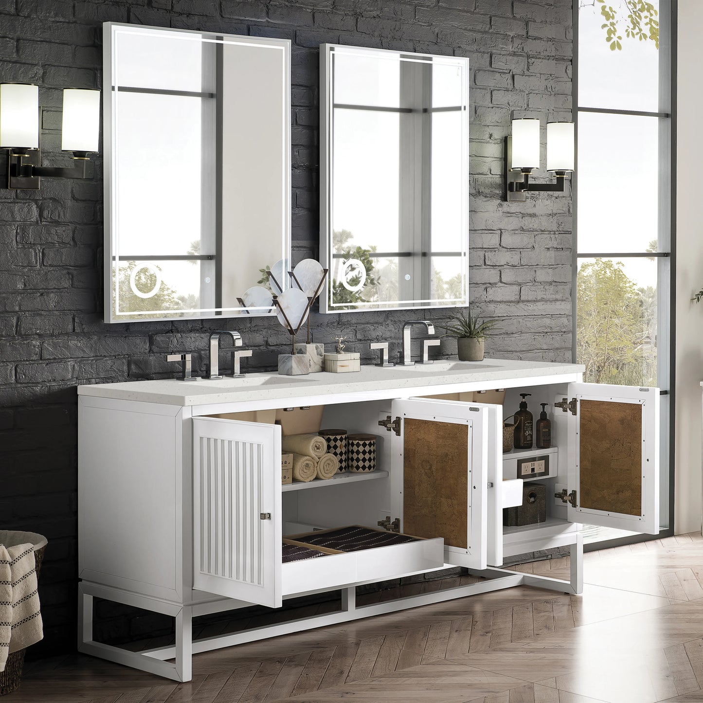 Renovate for Less Atlanta Athens 72" Double Vanity, Glossy White w/ 3 CM Lime Delight Silestone Top, view 5