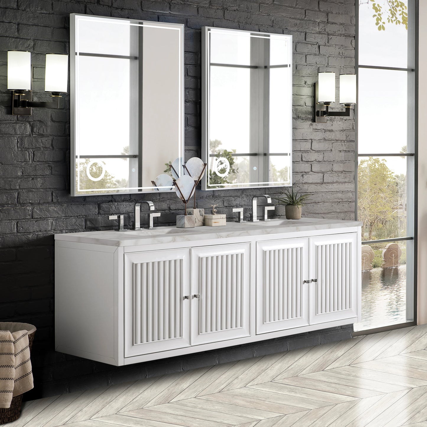 Renovate for Less Atlanta Athens 72" Double Vanity, Glossy White w/ 3 CM Victorian Silver Silestone Top, view 4