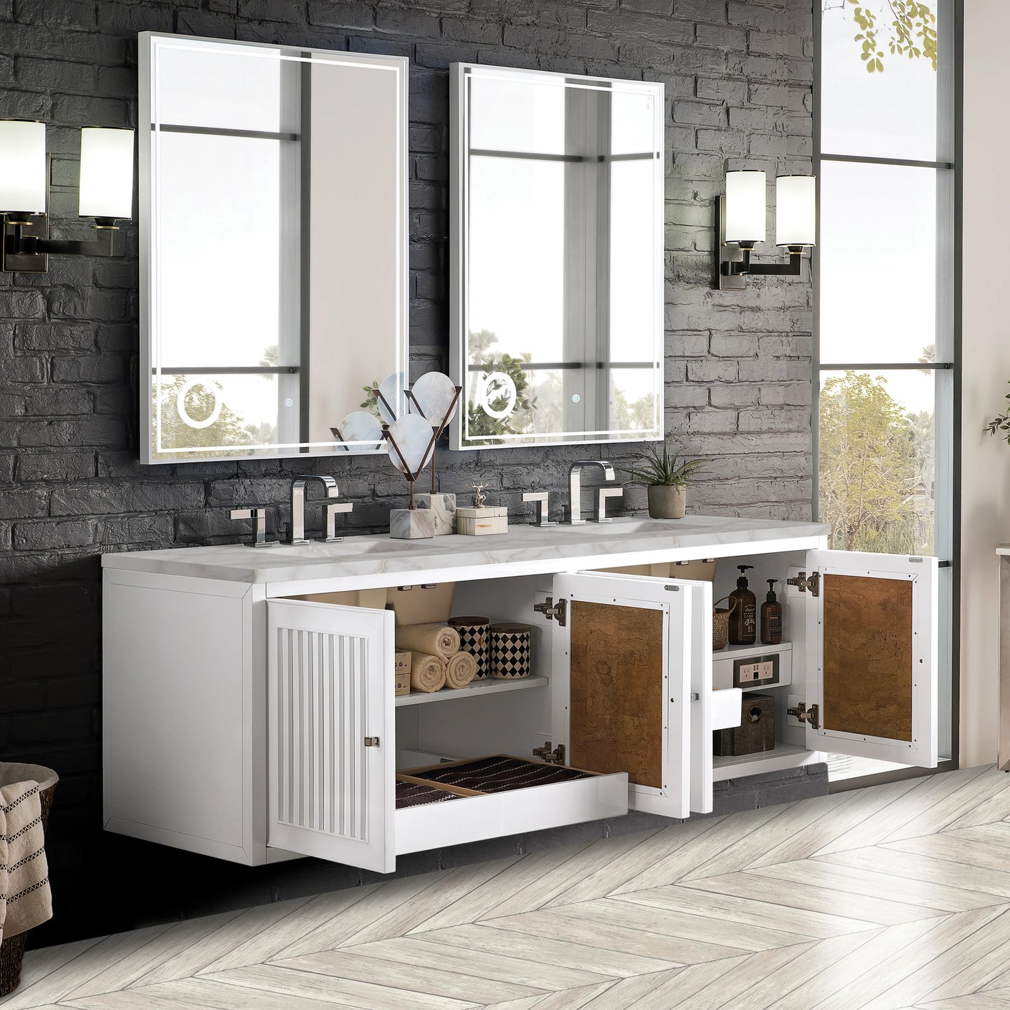 Renovate for Less Atlanta Athens 72" Double Vanity, Glossy White w/ 3 CM Victorian Silver Silestone Top, view 6