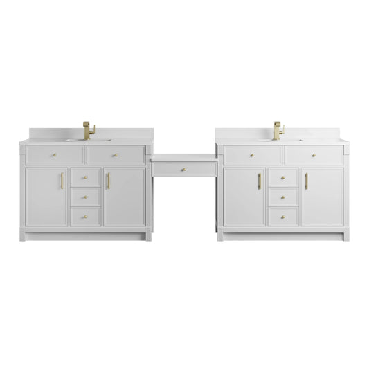 Bellshire 120" Dual Vanity Set with 24" Make-Up Counter, Bright White w/Single Hole 3 cm White Zeus Silestone Top & Bac