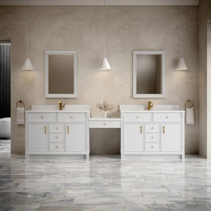 Bellshire 120" Dual Vanity Set with 24" Make-Up Counter, Bright White w/Single Hole 3 cm White Zeus Silestone T, view 2