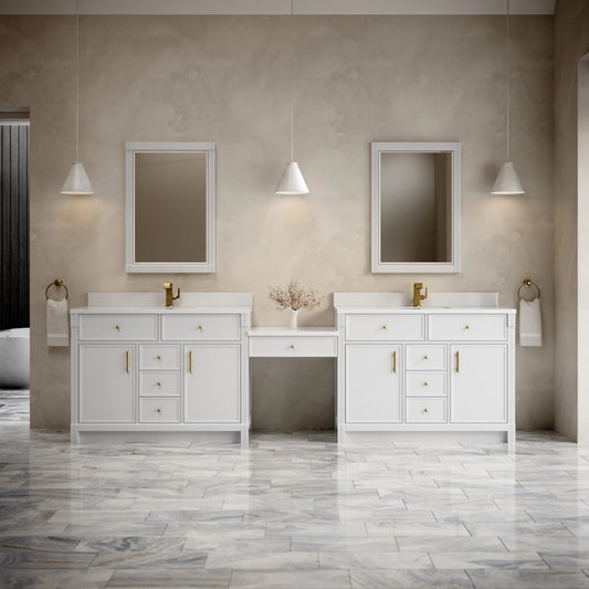 Bellshire 120" Dual Vanity Set with 24" Make-Up Counter, Bright White w/Single Hole 3 cm White Zeus Silestone T, view 2