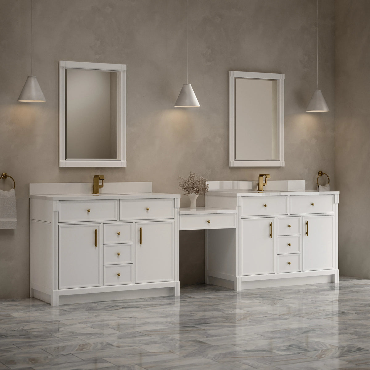 Bellshire 120" Dual Vanity Set with 24" Make-Up Counter, Bright White w/Single Hole 3 cm White Zeus Silestone T, view 3