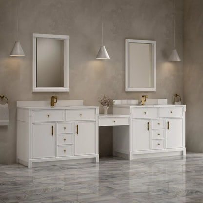 Bellshire 120" Dual Vanity Set with 24" Make-Up Counter, Bright White w/Single Hole 3 cm White Zeus Silestone T, view 3