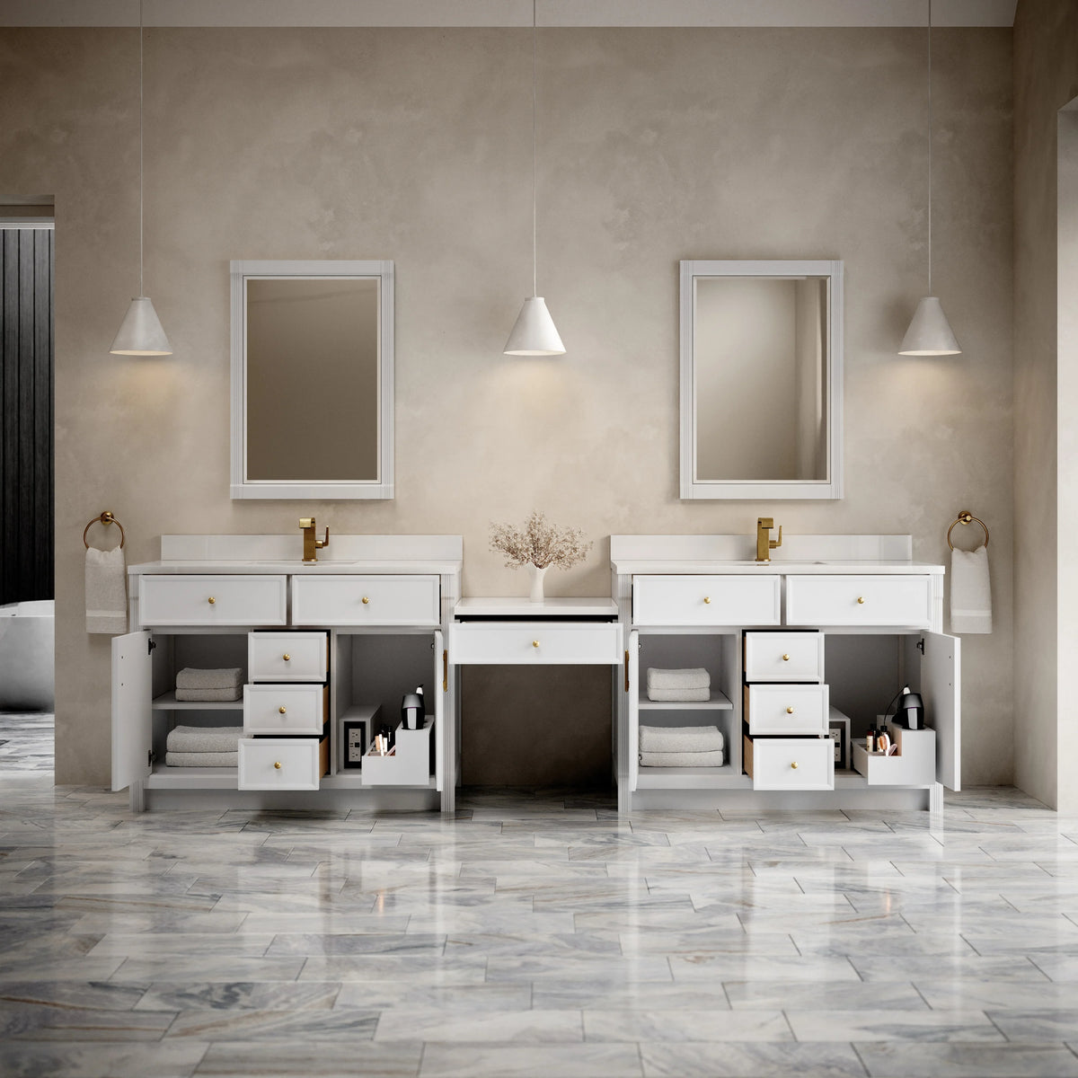 Bellshire 120" Dual Vanity Set with 24" Make-Up Counter, Bright White w/Single Hole 3 cm White Zeus Silestone T, view 4