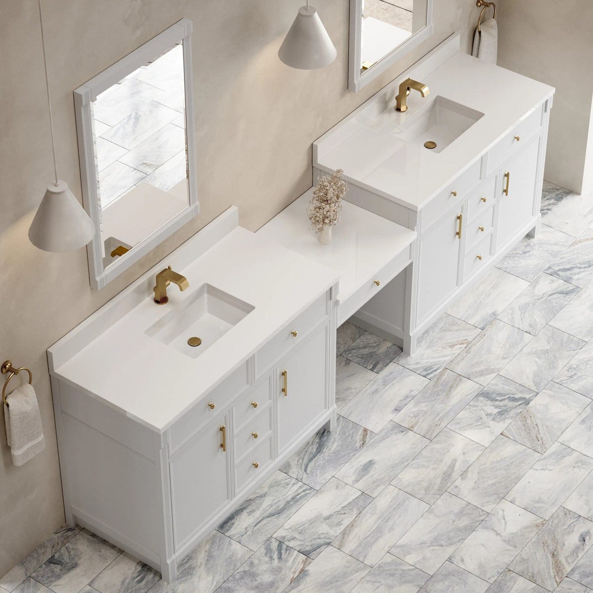Bellshire 120" Dual Vanity Set with 24" Make-Up Counter, Bright White w/Single Hole 3 cm White Zeus Silestone T, view 5