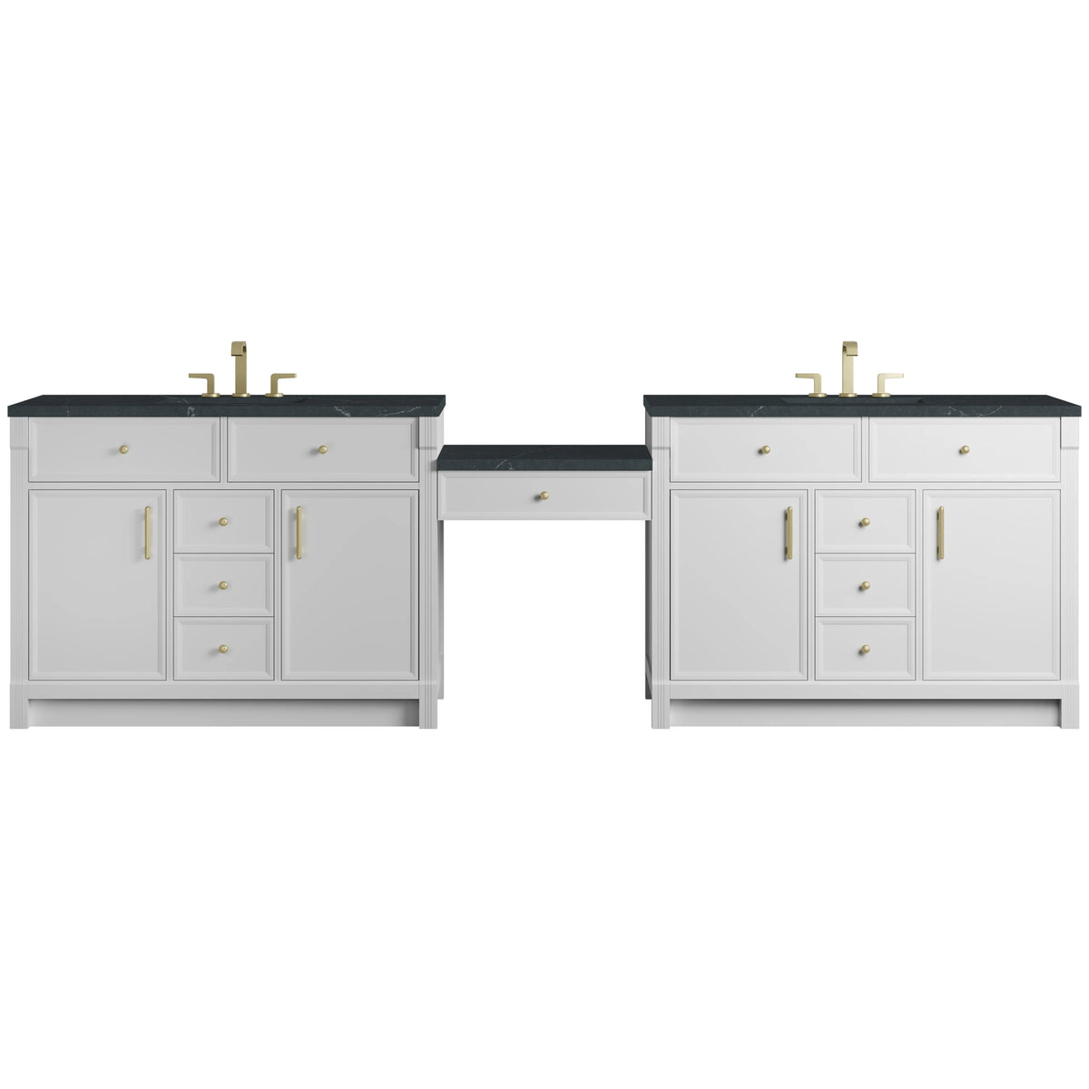 Bellshire 120" Dual Vanity Set with 24" Make-Up Counter, Bright White w/3 cm Charcoal Soapstone Silestone Top