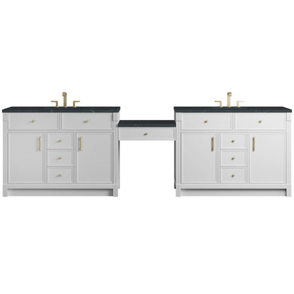 Bellshire 120" Dual Vanity Set with 24" Make-Up Counter, Bright White w/3 cm Charcoal Soapstone Silestone Top