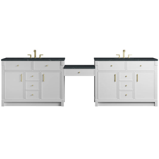 Bellshire 120" Dual Vanity Set with 24" Make-Up Counter, Bright White w/3 cm Charcoal Soapstone Silestone Top