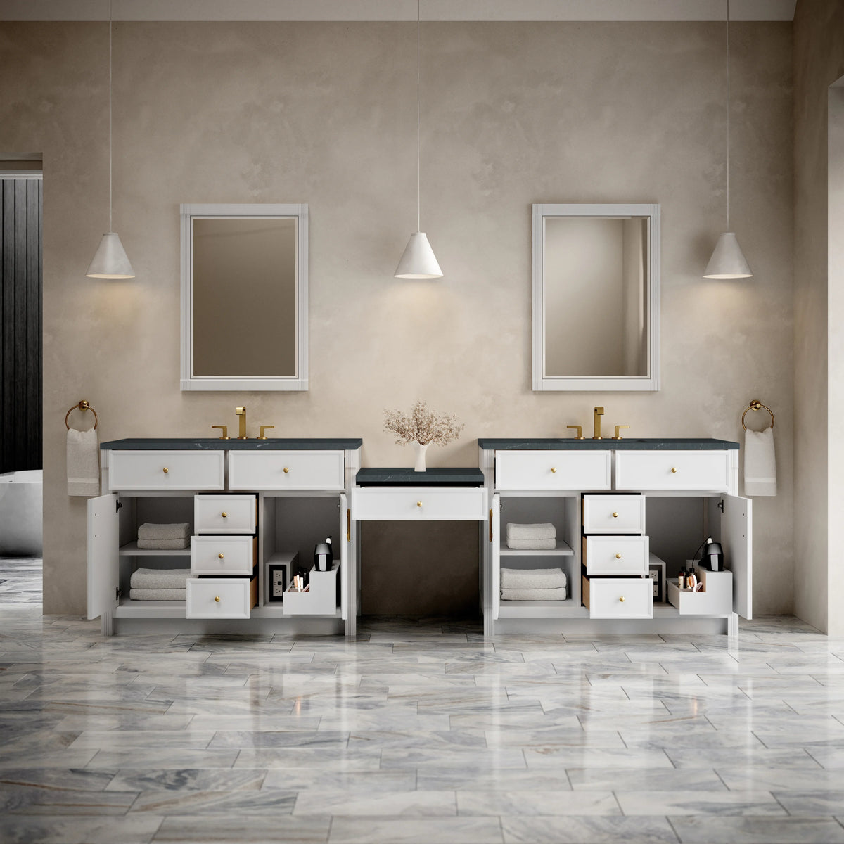 Bellshire 120" Dual Vanity Set with 24" Make-Up Counter, Bright White w/3 cm Charcoal Soapstone Silestone Top, view 3