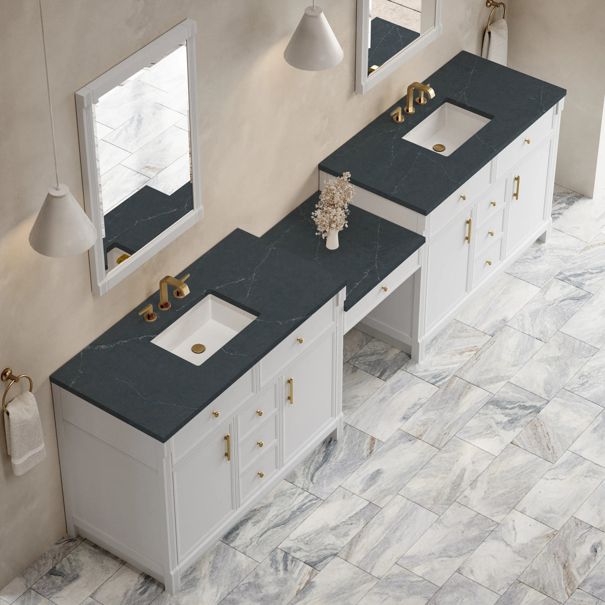Bellshire 120" Dual Vanity Set with 24" Make-Up Counter, Bright White w/3 cm Charcoal Soapstone Silestone Top, view 4