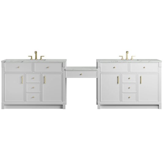 Bellshire 120" Dual Vanity Set with 24" Make-Up Counter, Bright White w/3 cm Ethereal Noctis Silestone Top