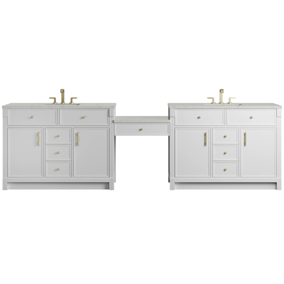 Bellshire 120" Dual Vanity Set with 24" Make-Up Counter, Bright White w/3 cm Lime Delight Silestone Top