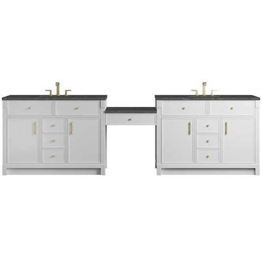Bellshire 120" Dual Vanity Set with 24" Make-Up Counter, Bright White w/3 cm Parisien Bleu Silestone Top