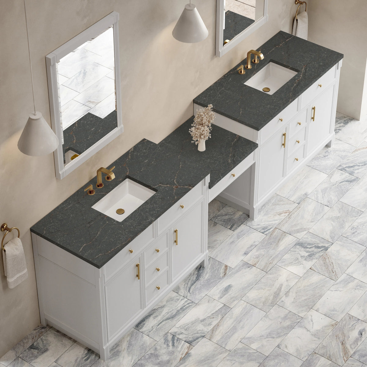 Bellshire 120" Dual Vanity Set with 24" Make-Up Counter, Bright White w/3 cm Parisien Bleu Silestone Top, view 4