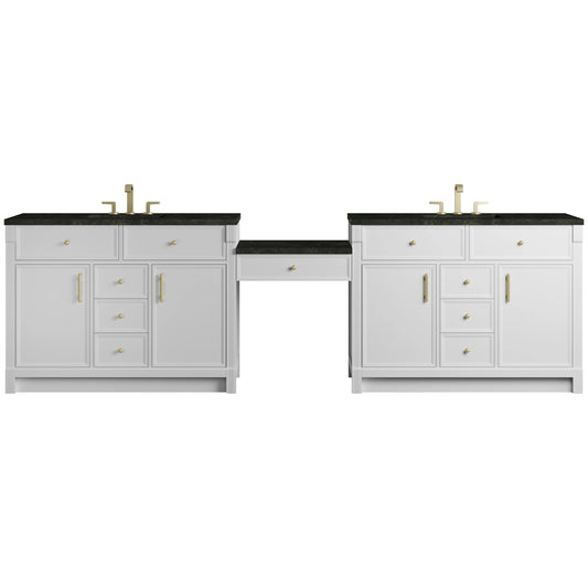 Bellshire 120" Dual Vanity Set with 24" Make-Up Counter, Bright White w/3 cm Phantome Eclos Top