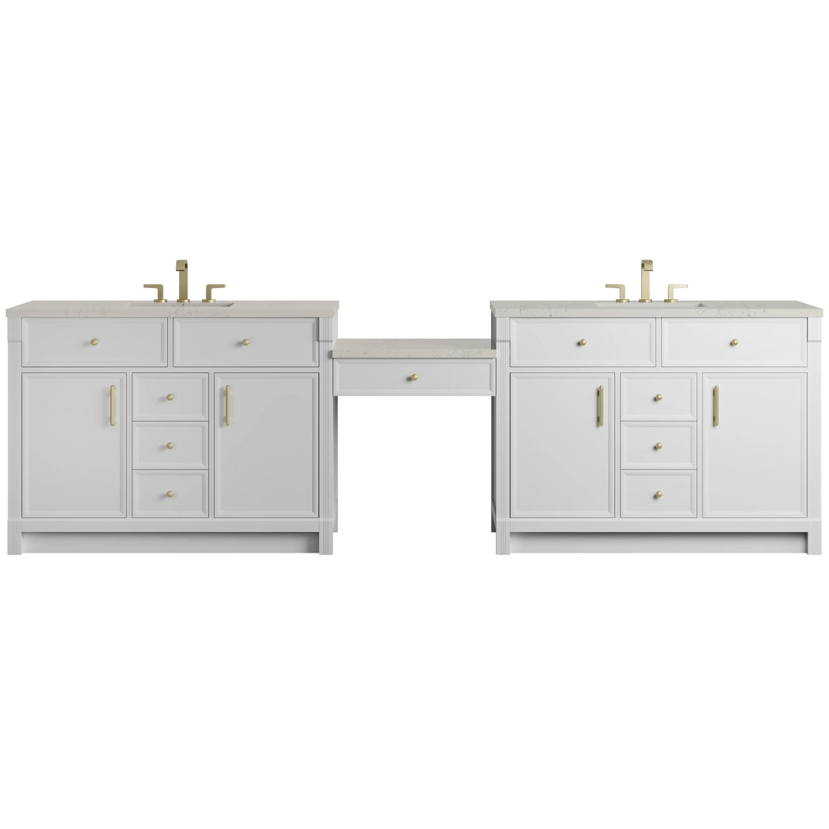 Bellshire 120" Dual Vanity Set with 24" Make-Up Counter, Bright White w/3 cm Siberian Silestone Top