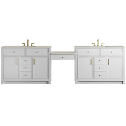 Bellshire 120" Dual Vanity Set with 24" Make-Up Counter, Bright White w/3 cm Siberian Silestone Top