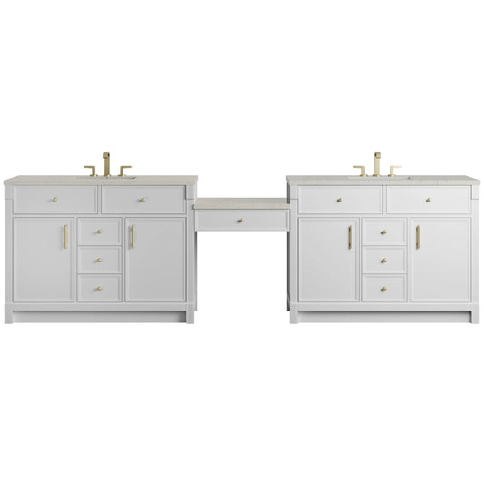 Bellshire 120" Dual Vanity Set with 24" Make-Up Counter, Bright White w/3 cm Siberian Silestone Top