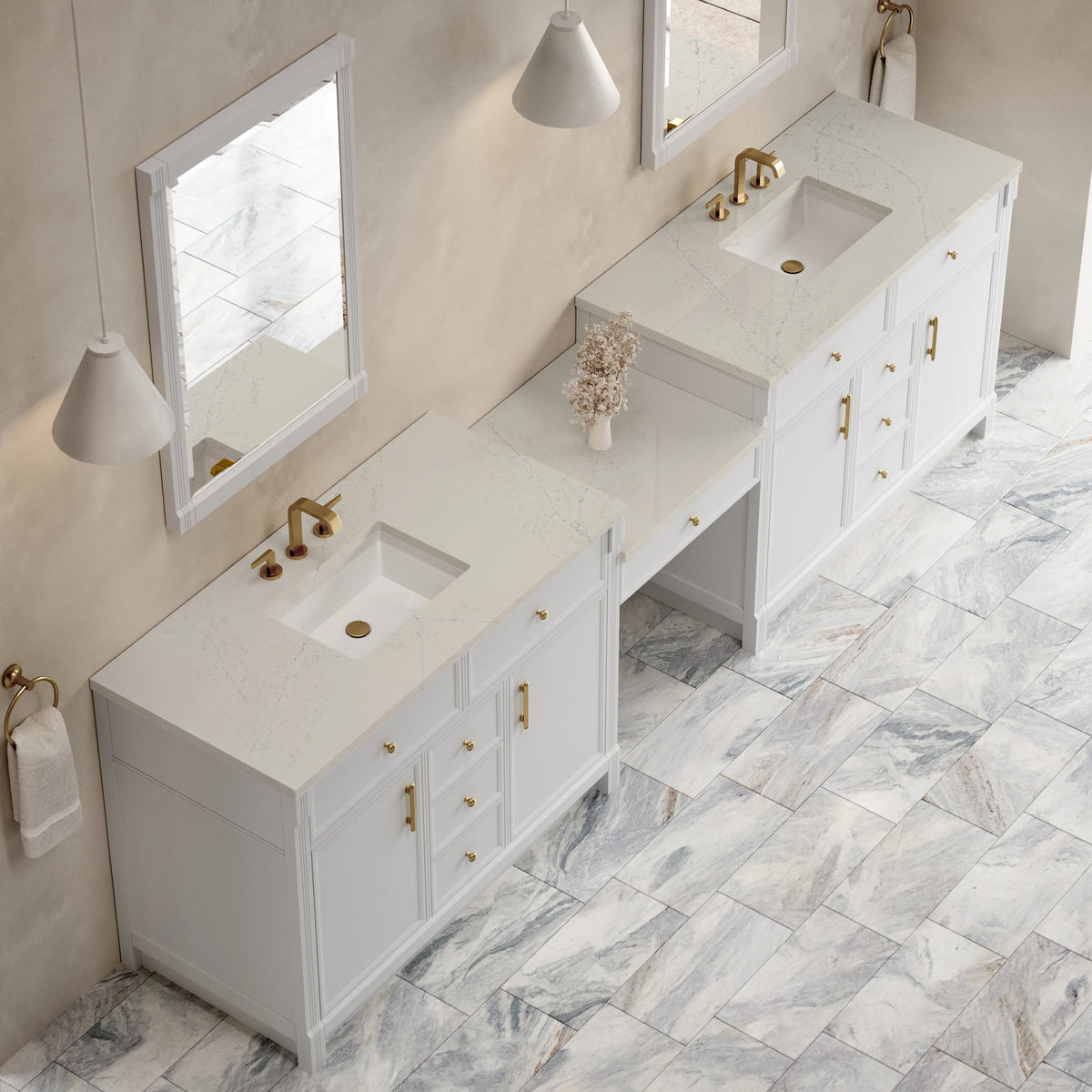 Bellshire 120" Dual Vanity Set with 24" Make-Up Counter, Bright White w/3 cm Siberian Silestone Top, view 4