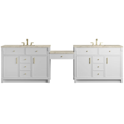 Bellshire 120" Dual Vanity Set with 24" Make-Up Counter, Bright White w/3 cm Tajnar Eclos Top