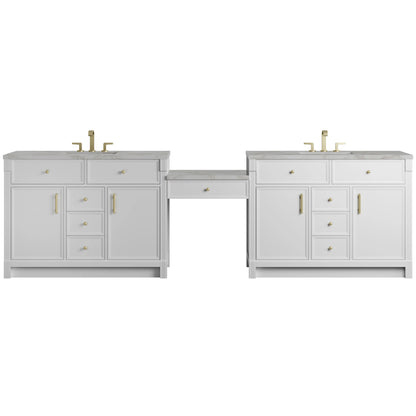 Bellshire 120" Dual Vanity Set with 24" Make-Up Counter, Bright White w/3 cm Victorian Silver Silestone Top