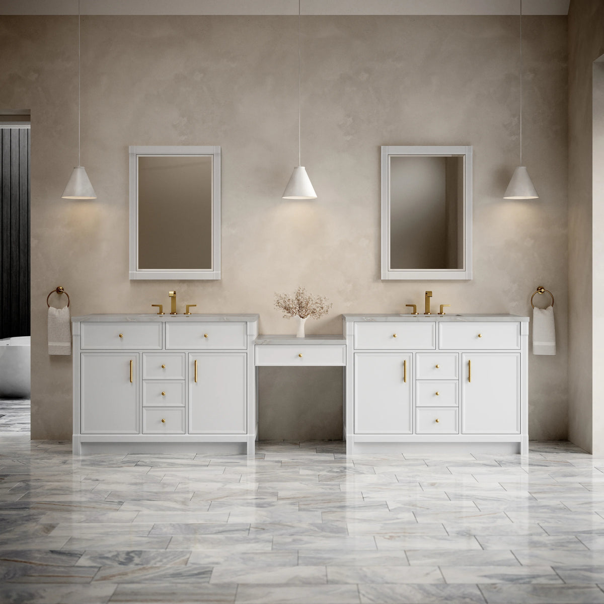 Bellshire 120" Dual Vanity Set with 24" Make-Up Counter, Bright White w/3 cm Victorian Silver Silestone Top, view 2