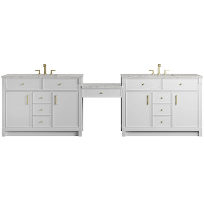 Bellshire 120" Dual Vanity Set with 24" Make-Up Counter, Bright White w/3 cm Eternal Jasmine Pearl Silestone Top w/Free