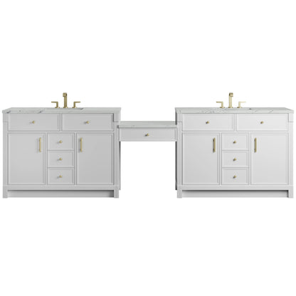 Bellshire 120" Dual Vanity Set with 24" Make-Up Counter, Bright White w/3 cm Ethereal Noctis Silestone Top w/FreePower