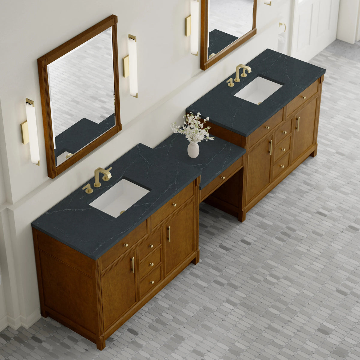 Bellshire 120" Dual Vanity Set with 24" Make-Up Counter, Honey Oak w/3 cm Charcoal Soapstone Silestone Top, view 4