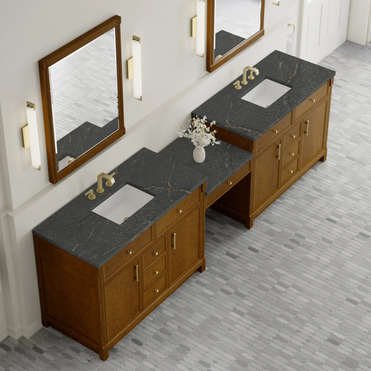 Bellshire 120" Dual Vanity Set with 24" Make-Up Counter, Honey Oak w/3 cm Parisien Bleu Silestone Top, view 4