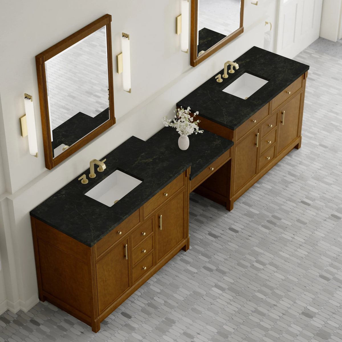 Bellshire 120" Dual Vanity Set with 24" Make-Up Counter, Honey Oak w/3 cm Phantome Eclos Top, view 4