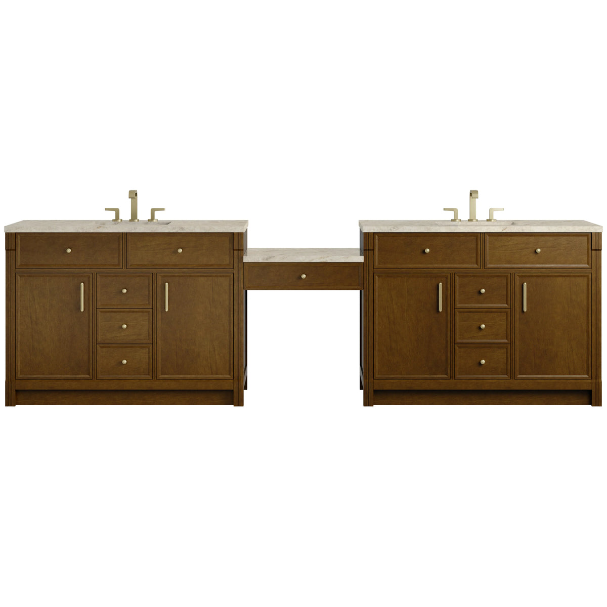 Bellshire 120" Dual Vanity Set with 24" Make-Up Counter, Honey Oak w/3 cm Tajnar Eclos Top