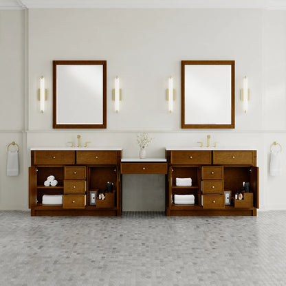 Bellshire 120" Dual Vanity Set with 24" Make-Up Counter, Honey Oak w/3 cm White Zeus Silestone Top, view 3
