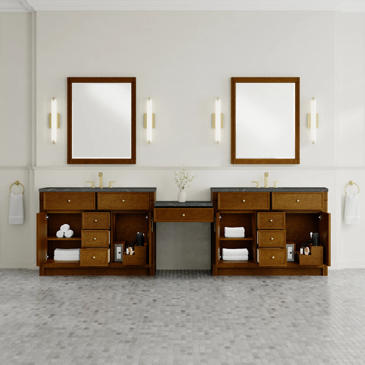 Bellshire 120" Dual Vanity Set with 24" Make-Up Counter, Honey Oak w/3 cm Parisien Bleu Silestone Top w/FreePow, view 4