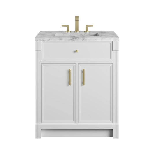 Bellshire 30" Single Vanity, Bright White w/ 3 CM Carrara Marble Top