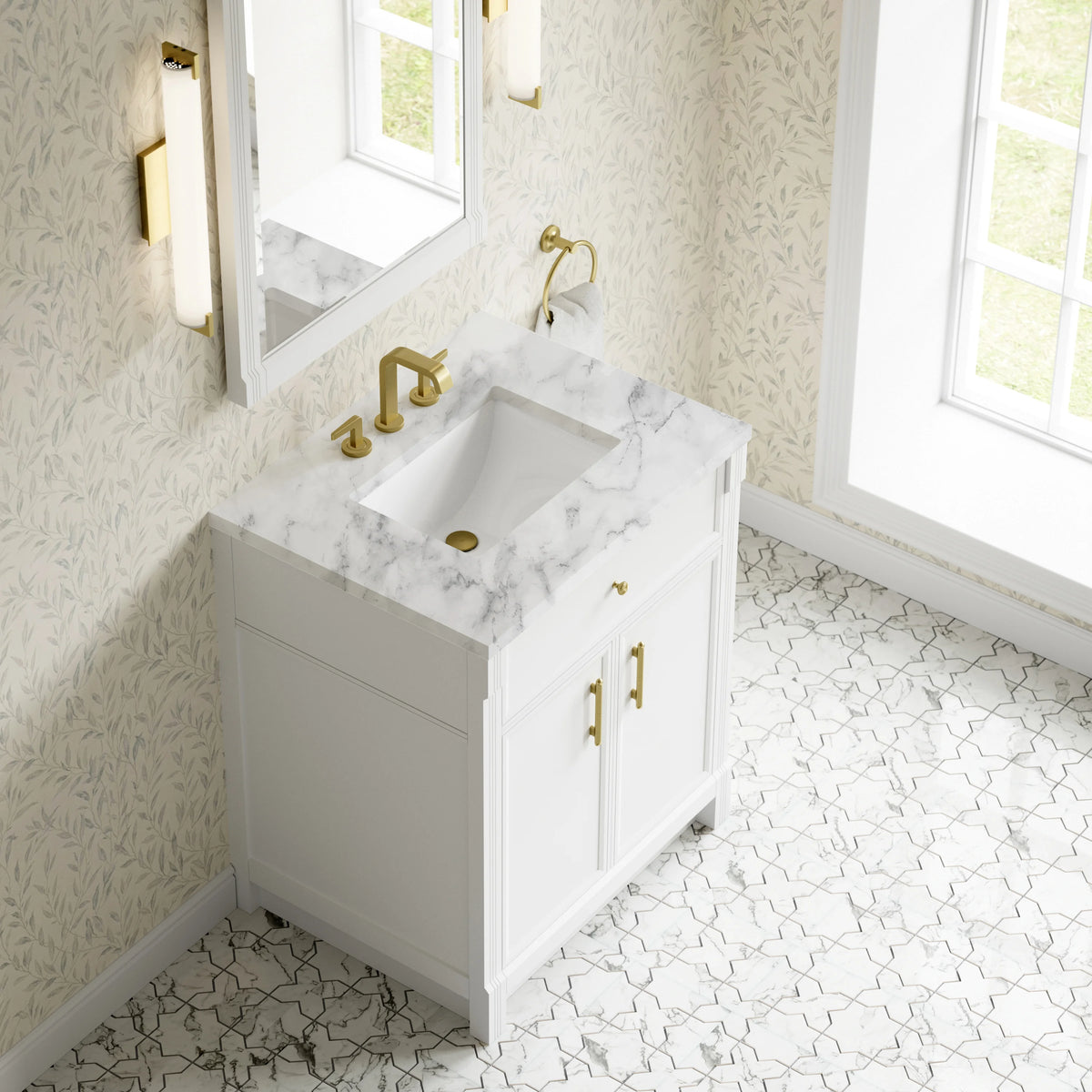 Bellshire 30" Single Vanity, Bright White w/ 3 CM Carrara Marble Top, view 7