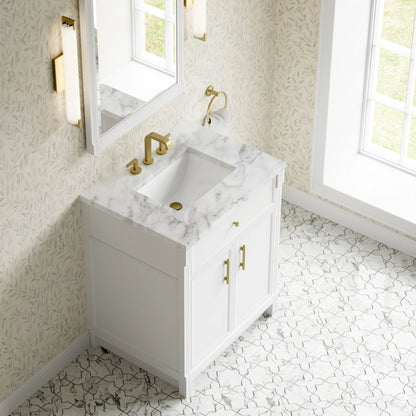 Bellshire 30" Single Vanity, Bright White w/ 3 CM Carrara Marble Top, view 7