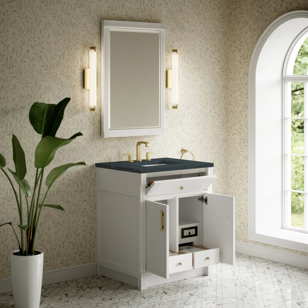 Bellshire 30" Single Vanity, Bright White w/ 3 CM Charcoal Soapstone Silestone Top, view 5