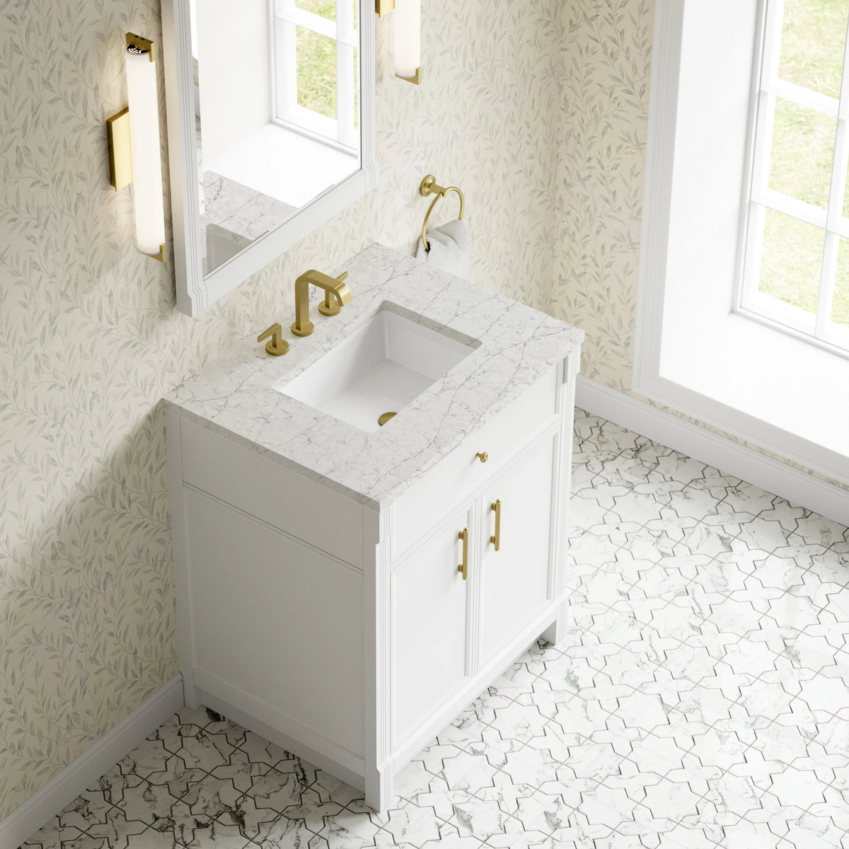 Bellshire 30" Single Vanity, Bright White w/ 3 CM Eternal Jasmine Pearl Silestone Top, view 7