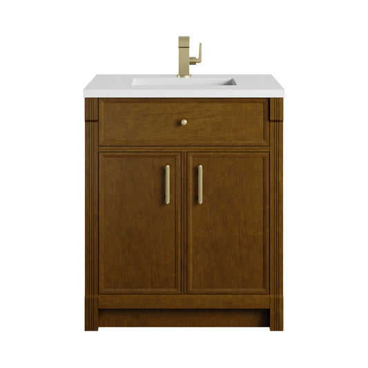 Bellshire 30" Single Vanity, Honey Oak w/ Single Hole 3 CM White Zeus Silestone Top and Matching Backsplash, view 2