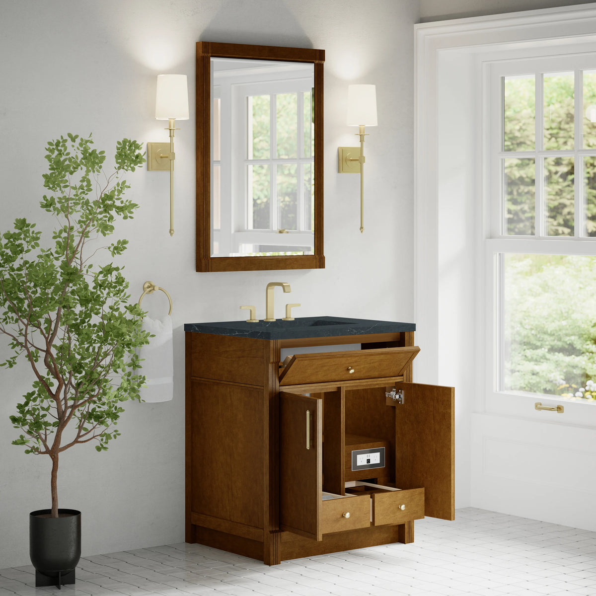 Bellshire 30" Single Vanity, Honey Oak w/ 3 CM Charcoal Soapstone Silestone Top, view 5